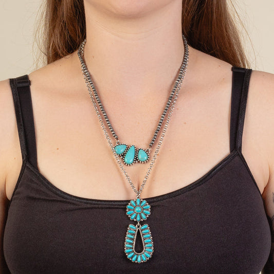 92239 - Layered Squash Blossom Necklace - Turquoise & Silver