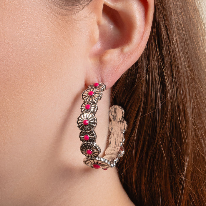 93410 - Squash Blossom Hoop Earrings - Fuchsia & Silver