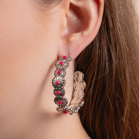 93410 - Squash Blossom Hoop Earrings - Fuchsia & Silver