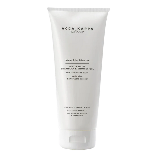 Acca Kappa White Moss sjampo og dusjgelé i hvit flaske med aloe vera og ringblomst for sensitiv hud