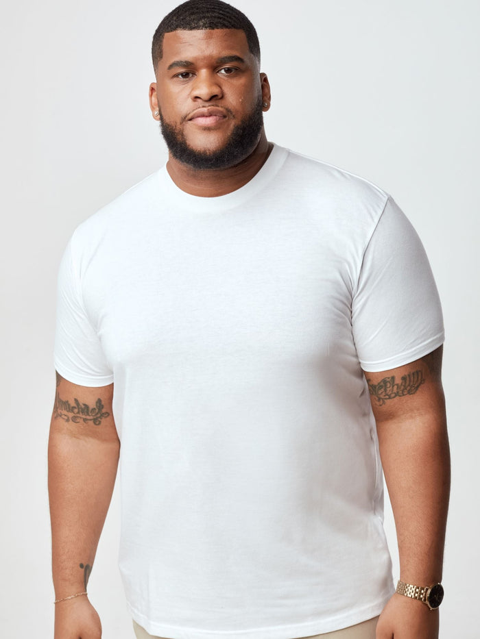 Steven is 6', 275lbs and wears a size 3XL # Men's White T-Shirts at Fresh Clean Threads