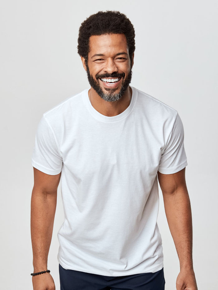 Jarrett is 6', 168lbs and wears a size M # Foundation Tee 5-Pack | White Tee | Fresh Clean Threads