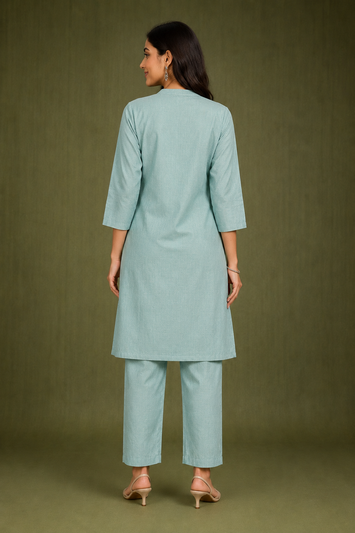 Aqua Blue Geometric Embroidered Kurta Pant Set