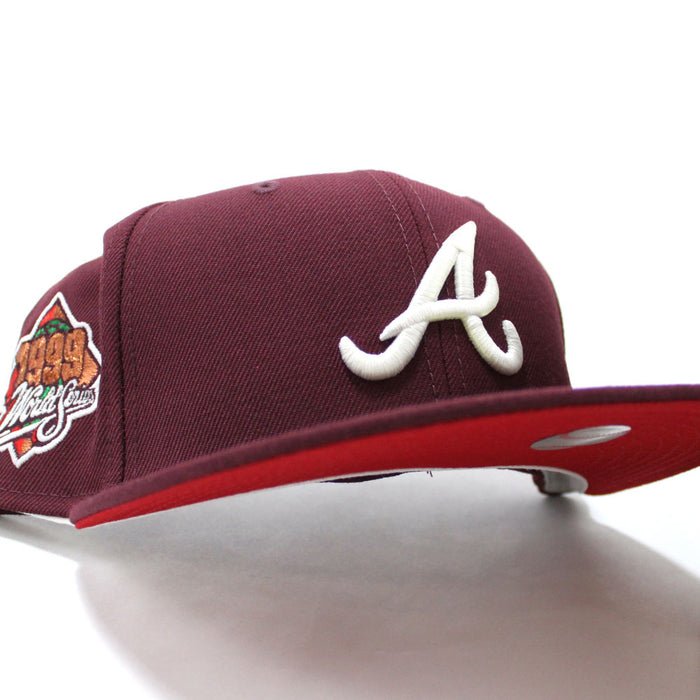 Atlanta Braves 1999 World Series New Era 59Fifty Fitted Hat (Glow in the Dark Logo Maroon Red Under Brim)