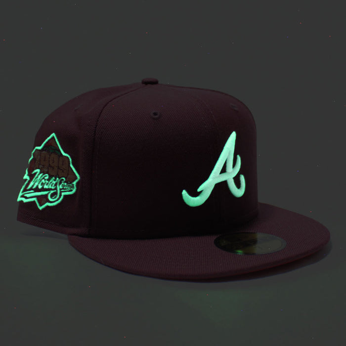 Atlanta Braves 1999 World Series New Era 59Fifty Fitted Hat (Glow in the Dark Logo Maroon Red Under Brim)