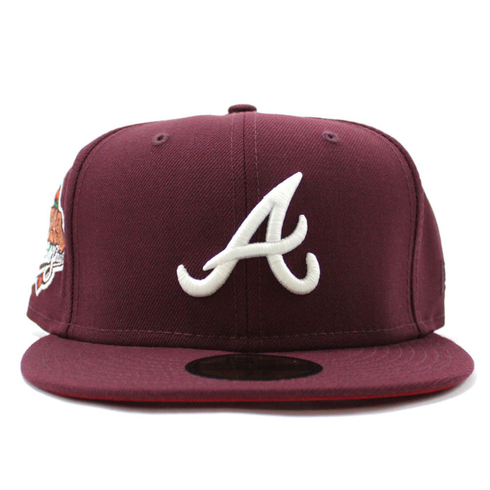 Atlanta Braves 1999 World Series New Era 59Fifty Fitted Hat (Glow in the Dark Logo Maroon Red Under Brim)