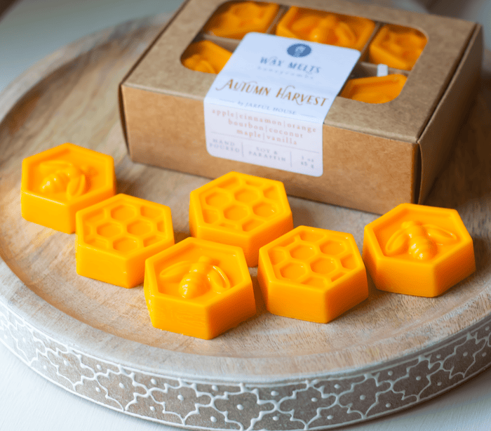 Autumn Harvest Wax Melts - Honeycomb Shaped Set of 6 | Apple, Orange, Cinnamon, Bourbon, Coconut, Butter, Vanilla, Maple Scents | Packed in Kraft Box - Jarful House