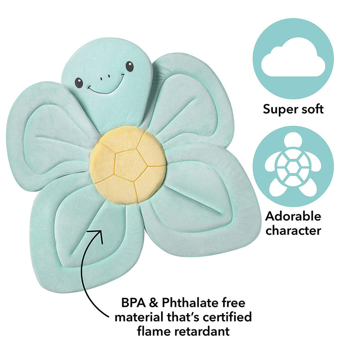 The Baby Bath Sink & Tub Cushion is a plush, flower-shaped mat with a smiling turtle face and yellow center. It’s super soft, features an adorable design, and is made from BPA & Phthalate free, certified flame retardant material.