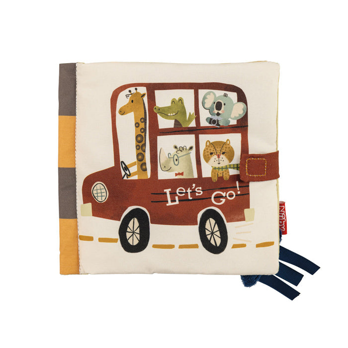 The Baby Sensory Book | City Bus is a soft Montessori activity book with a red bus and cartoon animals—giraffe, crocodile, koala, cat, and mouse. "Let's Go!" is on the side. Closes with a brown strap; perfect for tummy time fun.