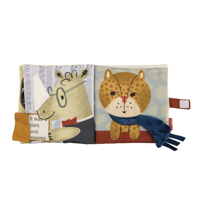 The Baby Sensory Book | City Bus is a soft cloth activity book with illustrated animal characters like a hippo with glasses and bowtie, and a leopard with blue scarf and tail—ideal as a Montessori sensory book or tummy time toy.