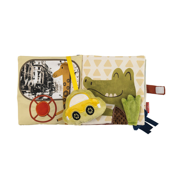 The Baby Sensory Book | City Bus features city scenes with a giraffe, a smiling crocodile, a plush yellow car, and textured green and brown fabrics on a white background—perfect as a tummy time toy for babies.