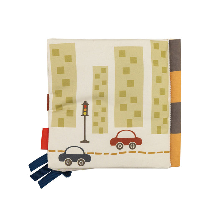 The Baby Sensory Book | City Bus features a soft fabric design with cars, a traffic light, and city buildings. Montessori-inspired, it includes side fabric tabs for tactile play, making it ideal for tummy time fun.