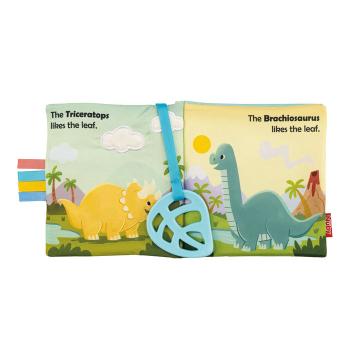 The Baby Sensory Book | Dino features a soft fabric with a yellow Triceratops, green Brachiosaurus eating leaves, fun text, and an attached blue leaf-shaped teether—perfect for tummy time or sensory play.