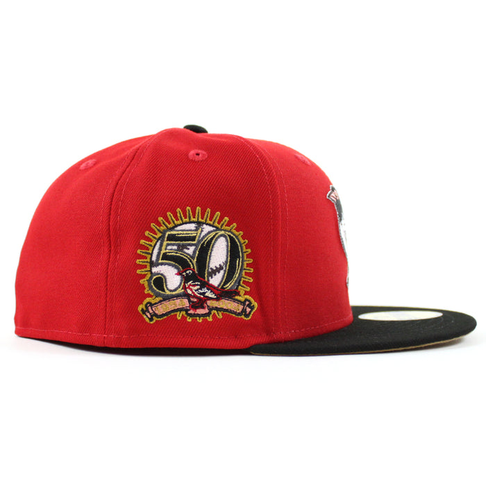 Baltimore Orioles 50th Anniversary 59Fifty New Era Fitted Hat (GITD SCARLET BLACK KHAKI UNDER BRIM)