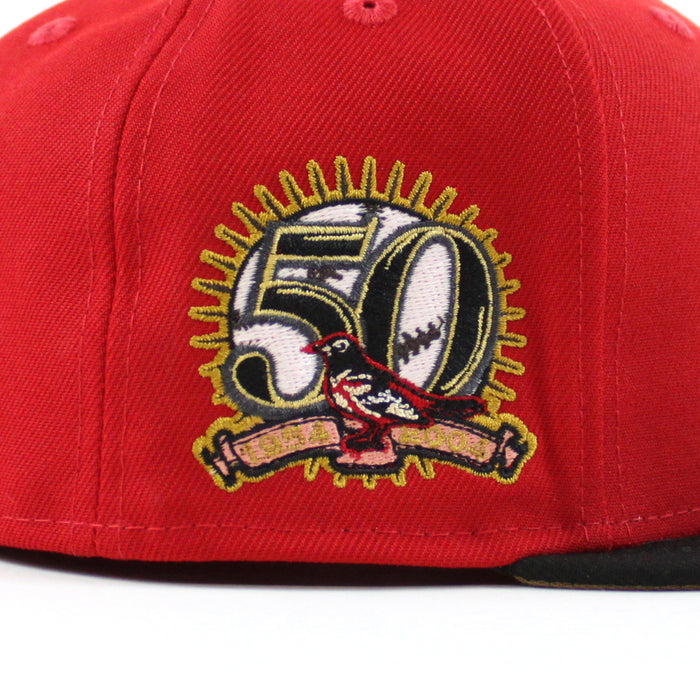 Baltimore Orioles 50th Anniversary 59Fifty New Era Fitted Hat (GITD SCARLET BLACK KHAKI UNDER BRIM)