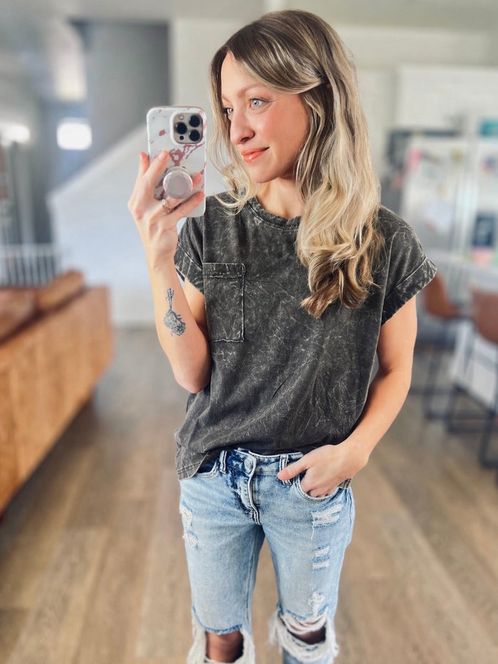 Black Crinkle Washed Short Sleeve Tee