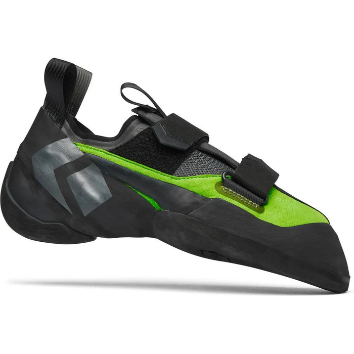 Black Diamond Men's Method climbing shoe, black and neon green with Velcro straps and downturned toe.