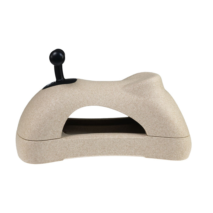 The Boogie Buggy | Beige is a rounded EPP foam cat scratcher in beige, featuring a tunnel-like arch and a black stick with a ball attached to the top.