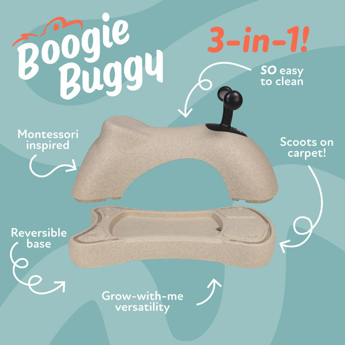 The Boogie Buggy | Beige is a Montessori-inspired toddler walker with a reversible base, 3-in-1 scooter versatility, black handle, easy-to-clean design, and smooth movement on carpet.