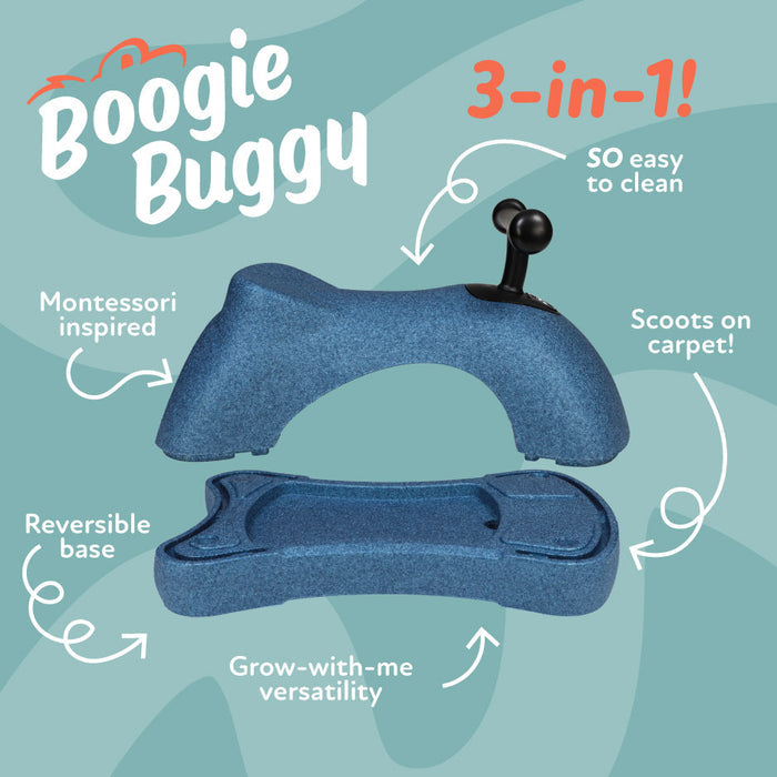 The Boogie Buggy | Blue is a 3-in-1 Montessori-inspired ride-on with reversible base, EPP foam construction, easy-to-clean design, scoots on carpet, and grows with your child.