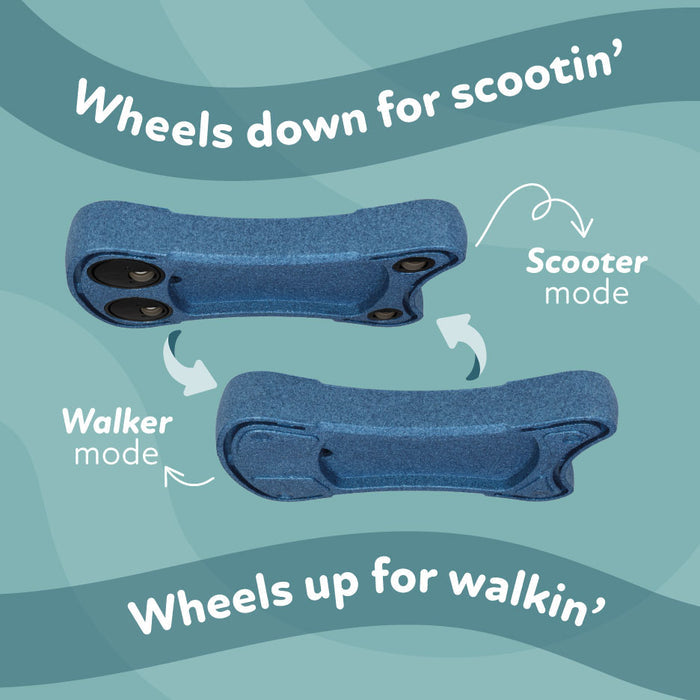 Two blue Boogie Buggy scooters are shown: one in 3-in-1 scooter mode with wheels down, and one as a toddler walker with wheels up. Arrows and text explain each Boogie Buggy mode.