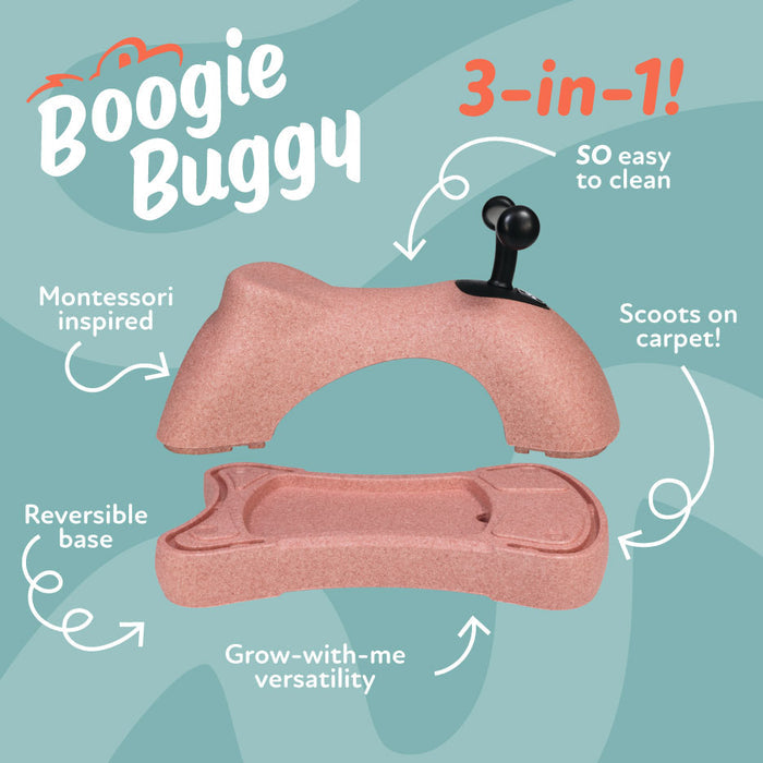 The Boogie Buggy | Pink is a Montessori-inspired, pink ride-on toy with EPP foam construction, 3-in-1 scooter design, reversible base, easy-clean surface, black handlebar on top, and can scoot on carpet.