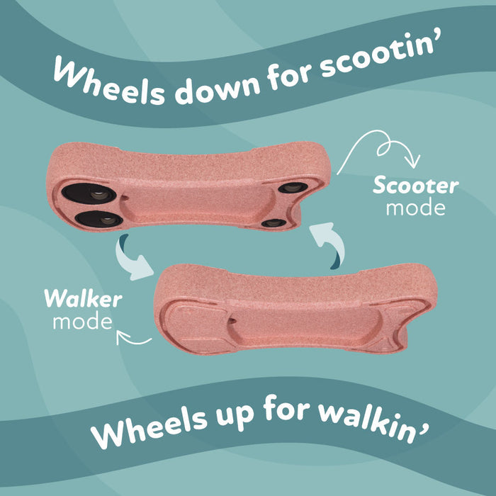 Two images of the Boogie Buggy | Pink: top shows wheels down in Scooter mode, bottom shows wheels up in Walker mode. Text reads "Wheels down for scootin’" and "Wheels up for walkin’.