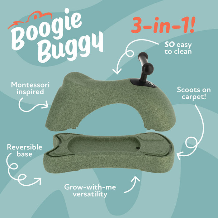 The Boogie Buggy | Sage is a green ride-on toy with a reversible base and handle, Montessori-inspired design, EPP foam build, and grow-with-me versatility. Functions as a 3-in-1 scooter or toddler walker, glides on carpet, and is easy to clean.