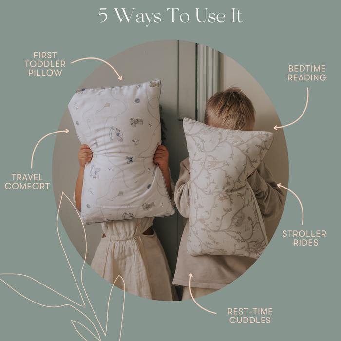 Diagram exploring 5 different ways to use the toddler pillow.
