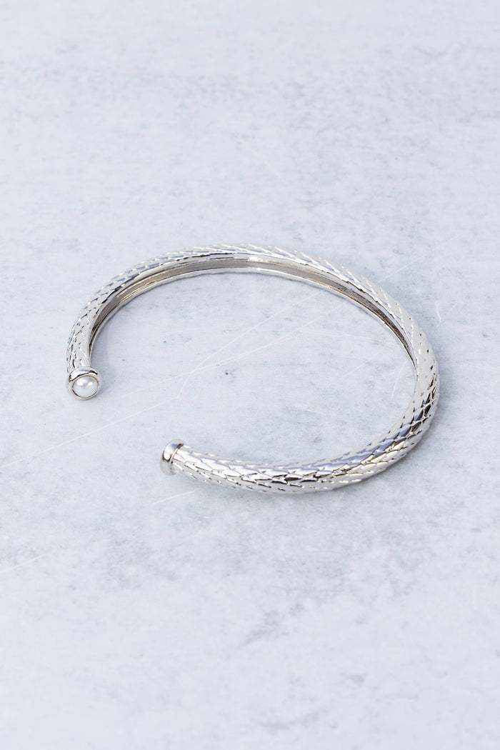 Bracelet-Sterling Silver + Pearl Bali Open Slim Gemstone Bangle