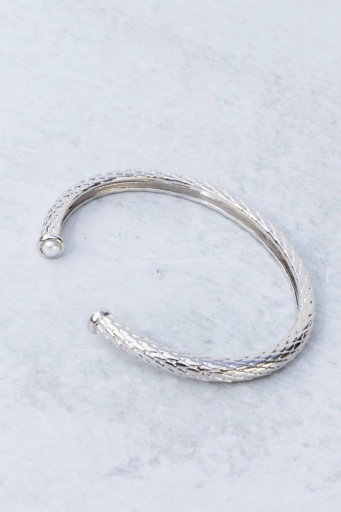 Bracelet-Sterling Silver + Pearl Bali Open Slim Gemstone Bangle