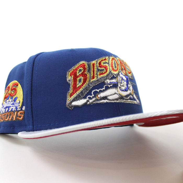 BUFFALO BISONS BISONS 25 Patch New Era 59Fifty Fitted Hat (SONGBIRD BLUE MET SILVER PINOT RED Under Brim)