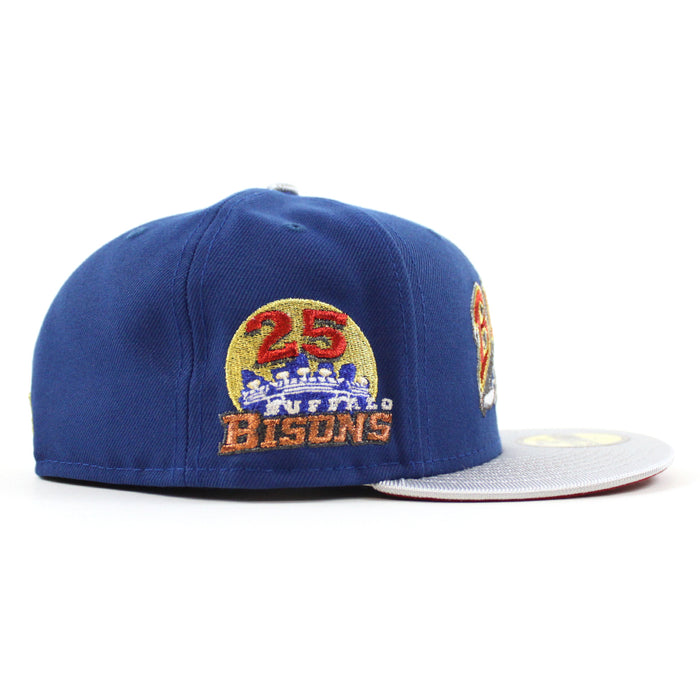 BUFFALO BISONS BISONS 25 Patch New Era 59Fifty Fitted Hat (SONGBIRD BLUE MET SILVER PINOT RED Under Brim)