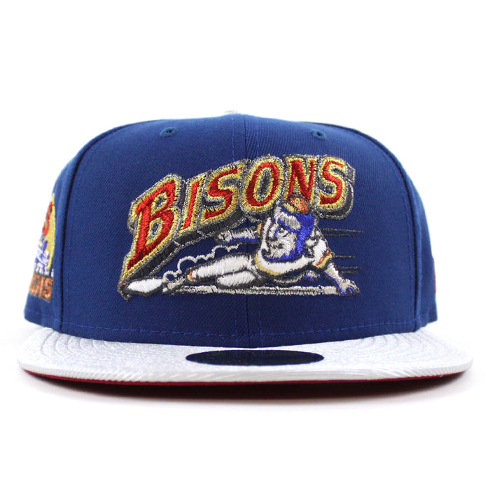 BUFFALO BISONS BISONS 25 Patch New Era 59Fifty Fitted Hat (SONGBIRD BLUE MET SILVER PINOT RED Under Brim)