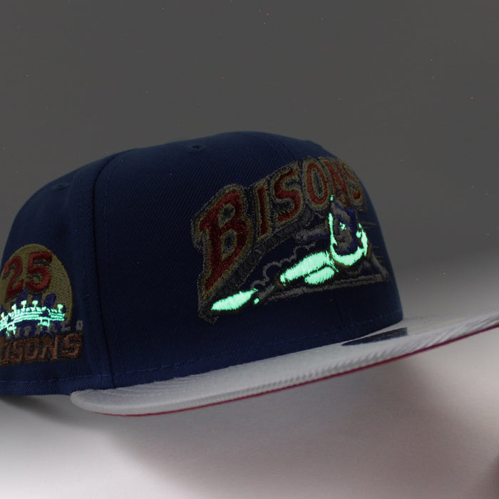 BUFFALO BISONS BISONS 25 Patch New Era 59Fifty Fitted Hat (SONGBIRD BLUE MET SILVER PINOT RED Under Brim)