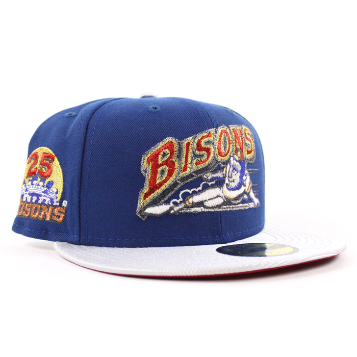 BUFFALO BISONS BISONS 25 Patch New Era 59Fifty Fitted Hat (SONGBIRD BLUE MET SILVER PINOT RED Under Brim)