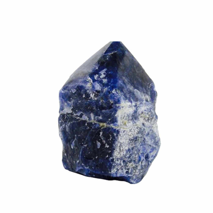 Natural blue and white crystal stone with a polished pointed tip, featured as part of the Calm Glass Candle | Aluminate Life for enhancing wellness and relaxation.
