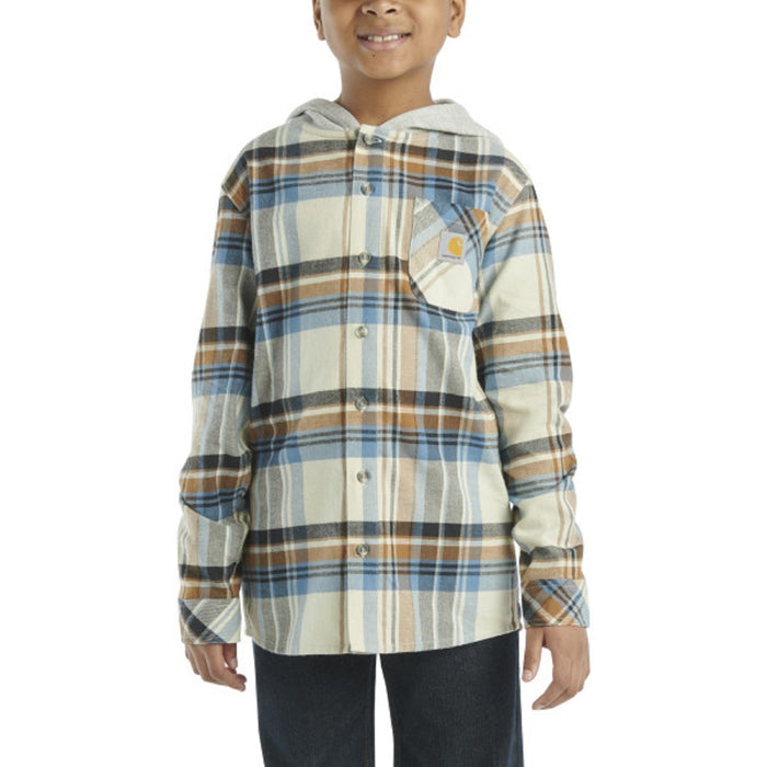 Carhartt Boys' Long Sleeve Flannel Button-Front Hooded Shirt Work Shirts Carhartt Light Beige 4 Little Kid