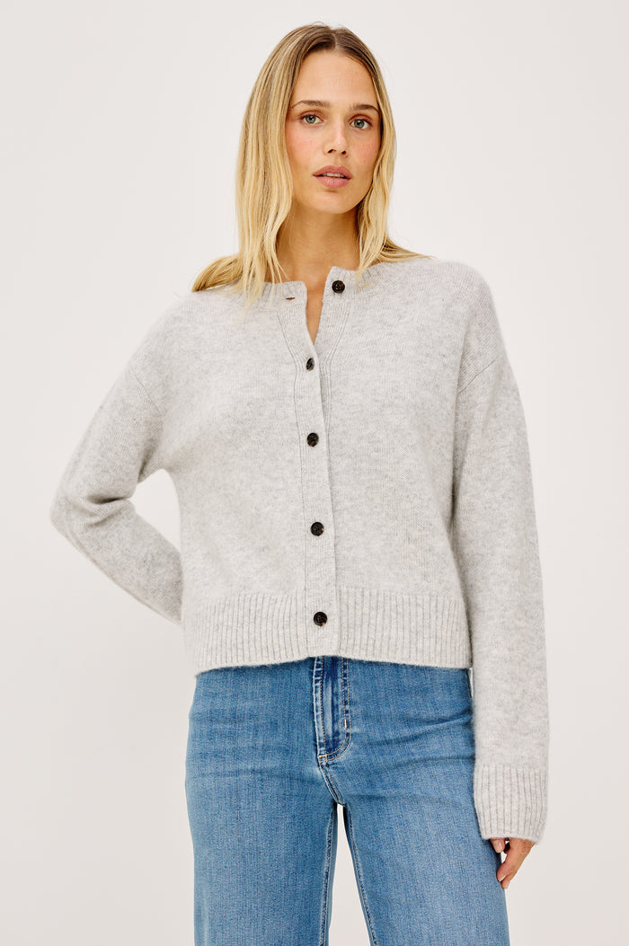 Carre Cardigan in Wool-Cashmere Knit Blend, Relaxed Slightly Boxy Fit, Crew Neckline, Front Buttons, Long Sleeves, and Ribbed Trim in Heather Grey Colorway - Upper Body Front View Featured on Model