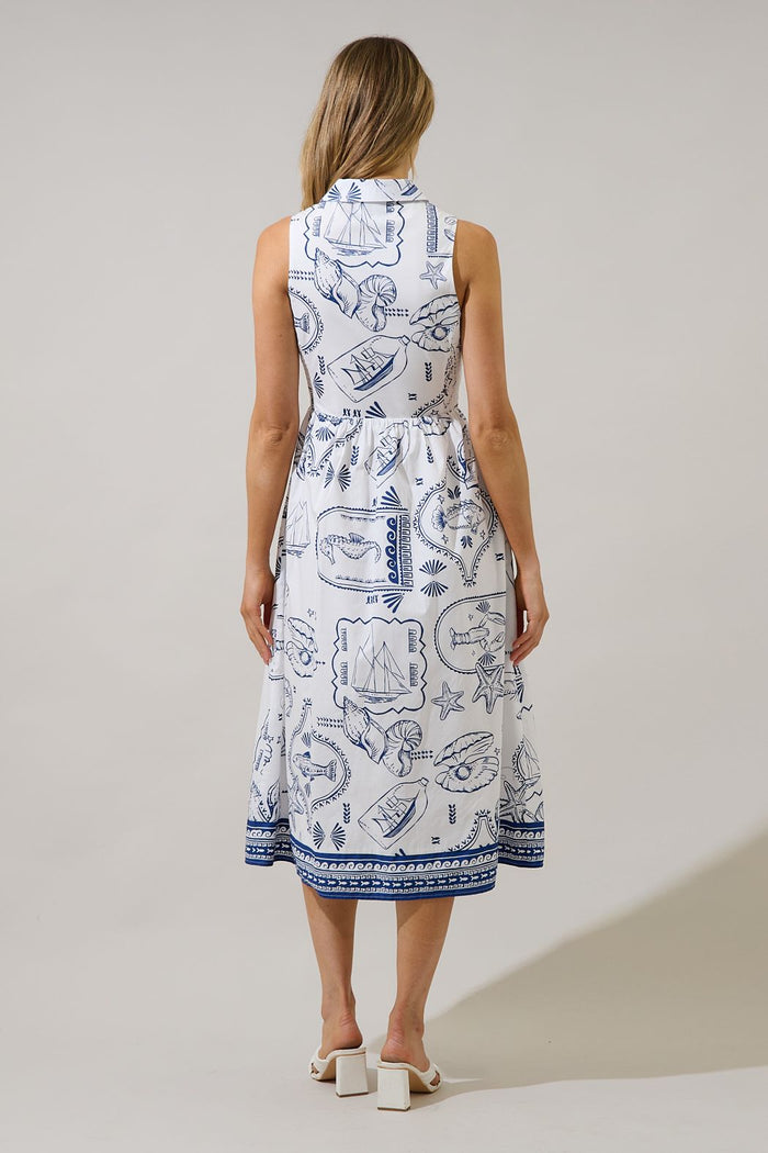 Back view of blue and white sleeveless collared A-line midi dress with seaside print