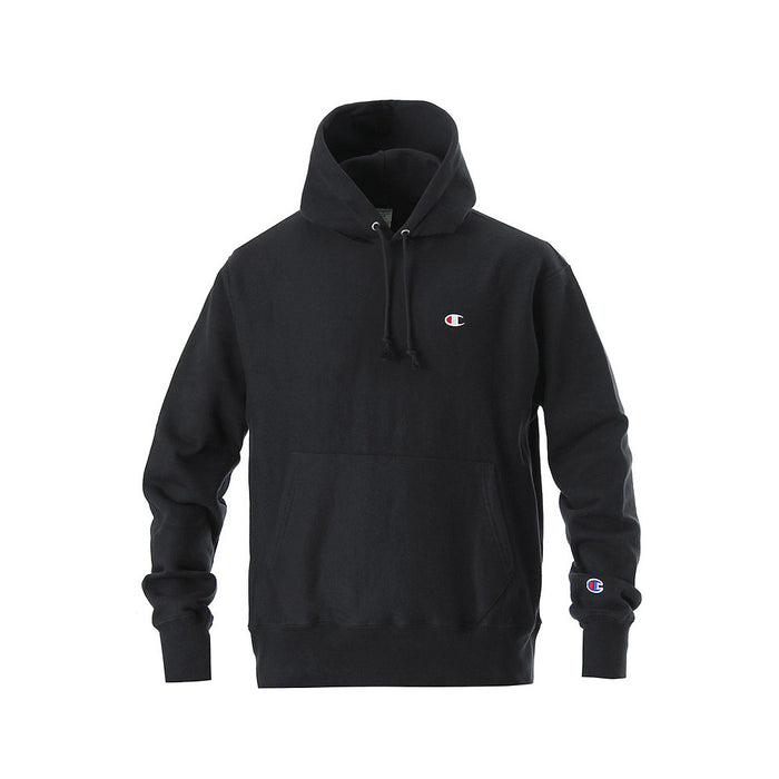 CHAMPION REVERSE WEAVE LOGO PULL OVER HOODIE (Black)