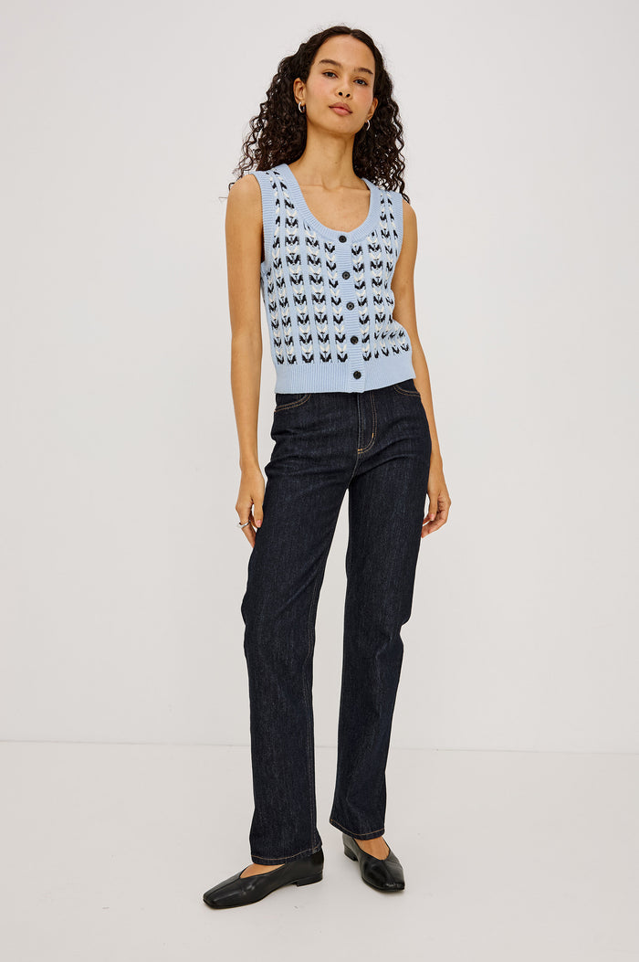 Chance Vest in Cable Knit With Scoop Neckline, Sleeveless Design, Front Button Closures, and Relaxed Fit in Sky Blue Colorway - Full Body Front View Featured on Model