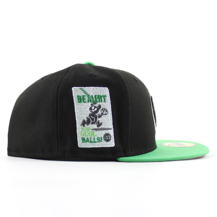 Chicago Cubs be Alert For Foul Balls  New Era 59Fifty Fitted Hat (Black Green Gray Under Brim)