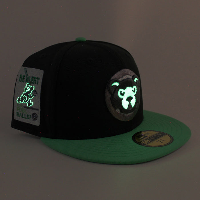 Chicago Cubs be Alert For Foul Balls  New Era 59Fifty Fitted Hat (Black Green Gray Under Brim)