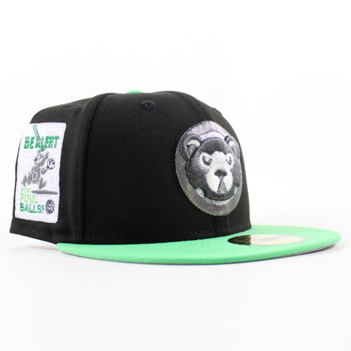 Chicago Cubs be Alert For Foul Balls  New Era 59Fifty Fitted Hat (Black Green Gray Under Brim)