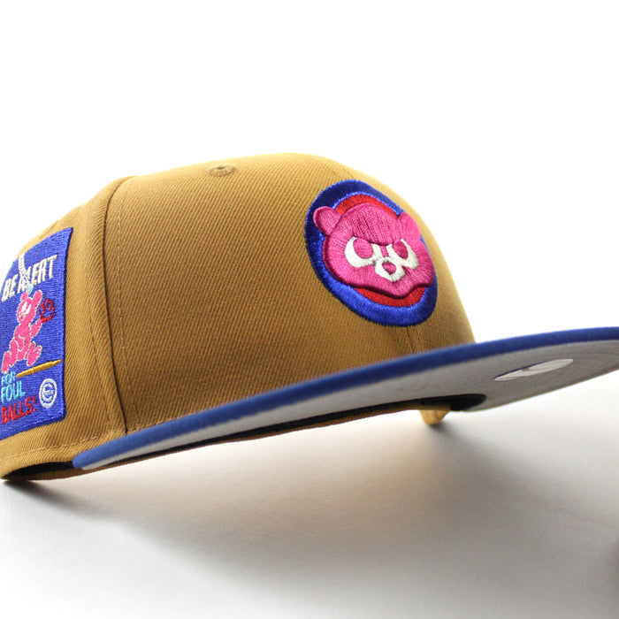 Chicago Cubs be Alert For Foul Balls New Era 59Fifty Fitted Hat (Panama Tan Song Bird Blue Gray Under Brim)