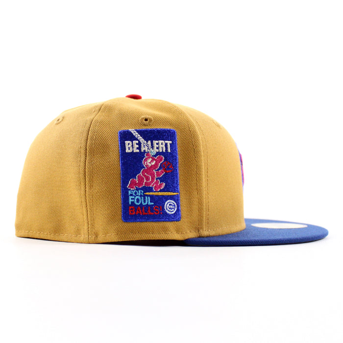 Chicago Cubs be Alert For Foul Balls New Era 59Fifty Fitted Hat (Panama Tan Song Bird Blue Gray Under Brim)