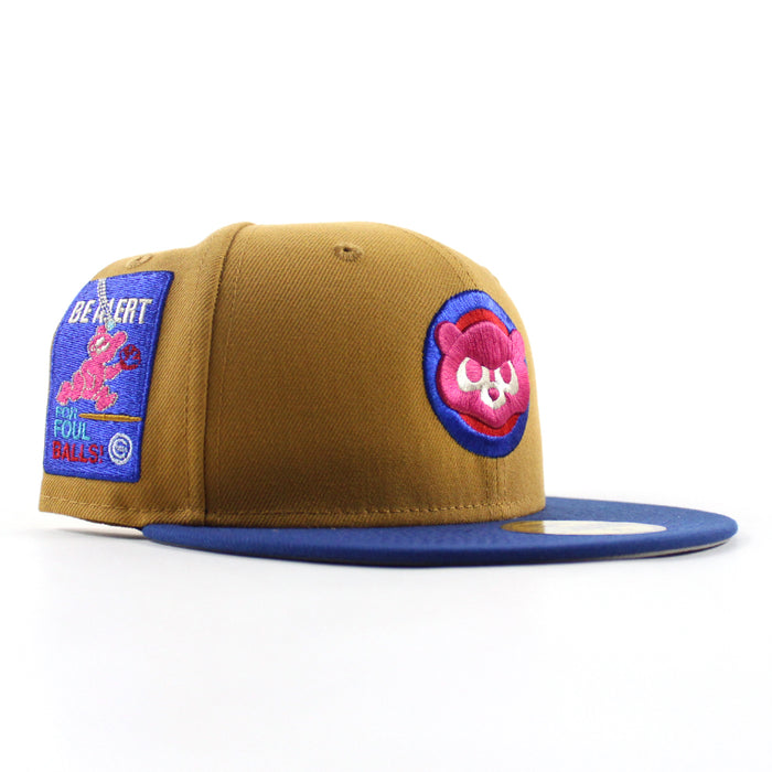 Chicago Cubs be Alert For Foul Balls New Era 59Fifty Fitted Hat (Panama Tan Song Bird Blue Gray Under Brim)