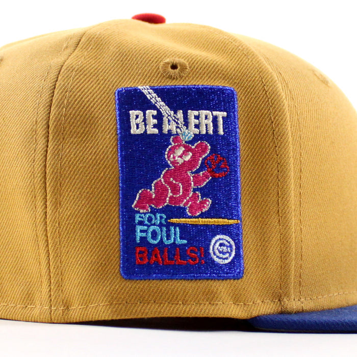 Chicago Cubs be Alert For Foul Balls New Era 59Fifty Fitted Hat (Panama Tan Song Bird Blue Gray Under Brim)