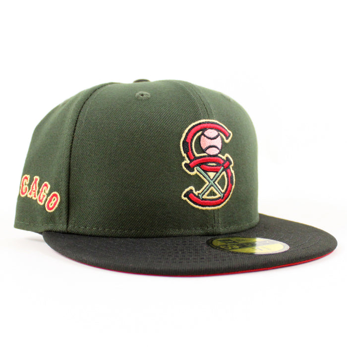 Chicago White Sox Chicago Patch New Era Fitted 59Fifty Hat (DARK SEAWEED BLACK SCARLET Brim)